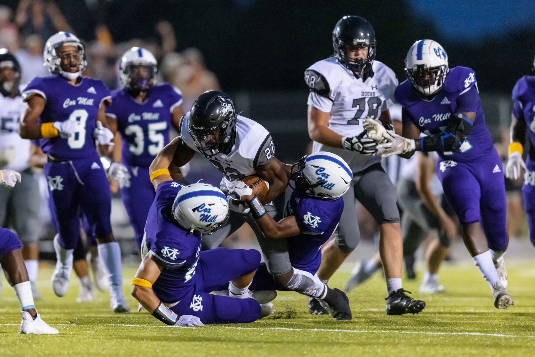 The Hough Huskey defeated the Cox Mill Chargers 48-7 on Friday night at Cox Mill High School.